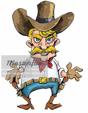 Cartoon cowboy with sixguns on his gun belt. Isolated on white