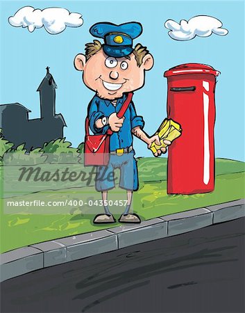 Cartoon postman by a mailbox on a street with some buildings in the distance