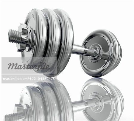 Chromed dumbbell isolated on white background in close up side view. 3d