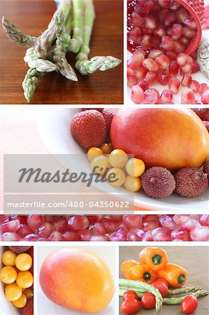 Combination image of raw fruits and vegetables