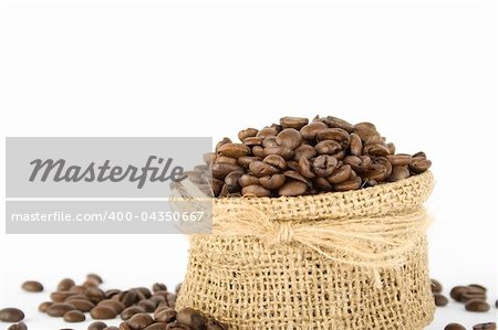 Coffee beans in a bag. Isolated on white background