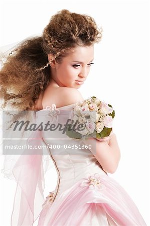 Beautiful woman dressed as a bride over colored background.