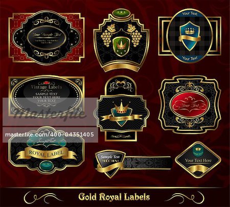 Illustration set colorful gold-framed labels - vector