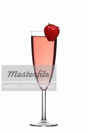 Sparkling red champagne drink with Strawberry isolated on white background