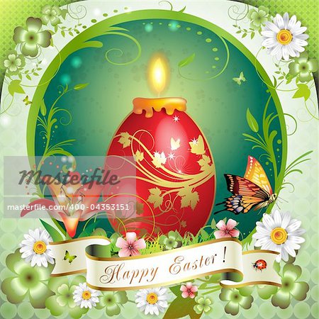Easter card with butterflies, candle and decorated egg