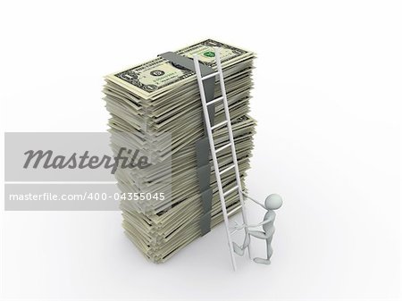 man reaching the top of a dollar stack