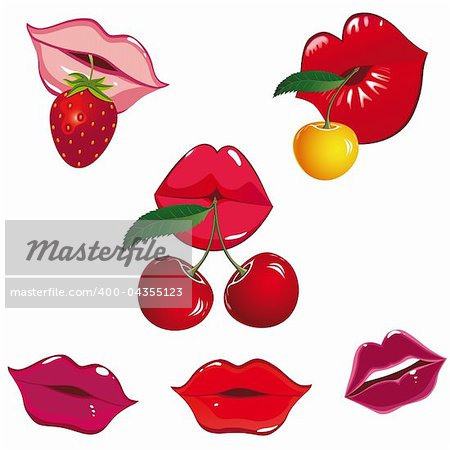 Set of glossy lips in tender kiss with cherry and strawberry. Vector illustration.