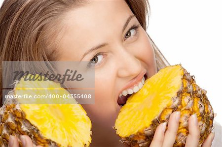 lovely blonde with pineapple, isolated on white background