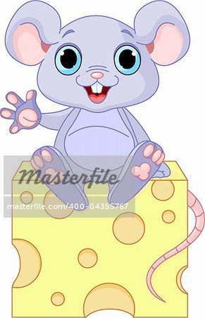 Funny mouse sitting on the piece of  cheese