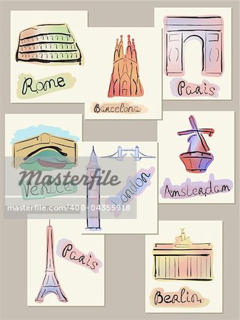 Sights of some european cities designed in watercolours style.