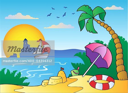 Beach with umbrella and sand castle - vector illustration.