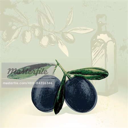 Vector illustration - black olives with olive oil bottle in the background