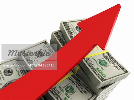 3d illustration of money rising charts with red arrow