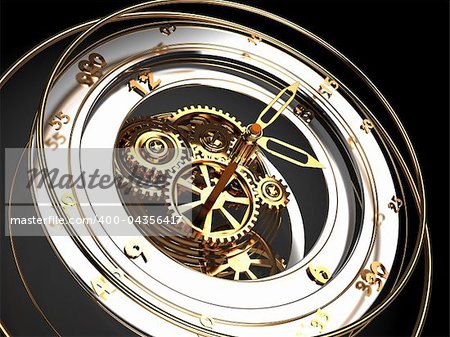 abstract 3d illustration of clock mechanism over black background