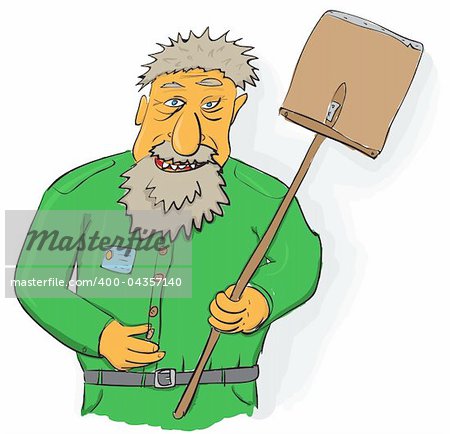 Comic vector art - janitor with a big wooden shovel