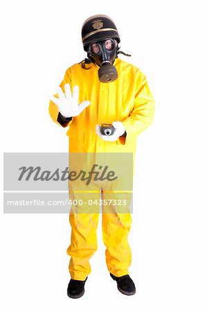 Policeman in Hazmat clothing with gieger counter isolated over white background