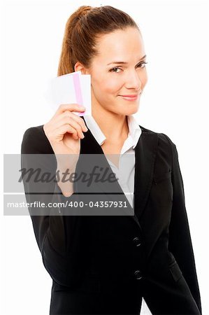 Young businesswoman holding sheets of paper on white background studio