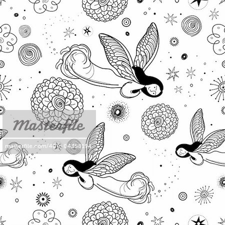 seamless pattern from the graphics of angels with the stars on a white background