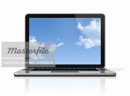 3D laptop computer with sky in screen isolated on white with 2 clipping path : one for global scene and one for the screen