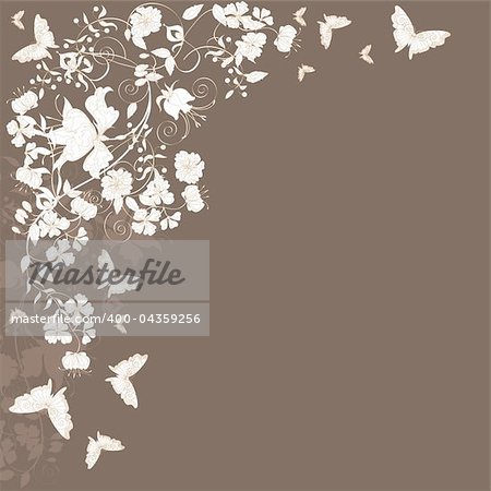 Decorative brown floral background with flowers and butterflies.