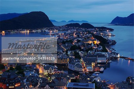 The Norwegian coastal town of Aalesund photographed at night