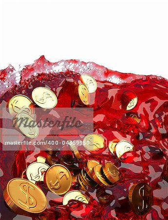 Gold coins in a stream of red liquid. isolated on white.