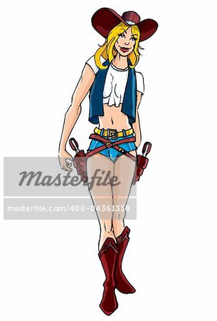 Cartoon of sexy woman in cowboy clothes. isolated on white