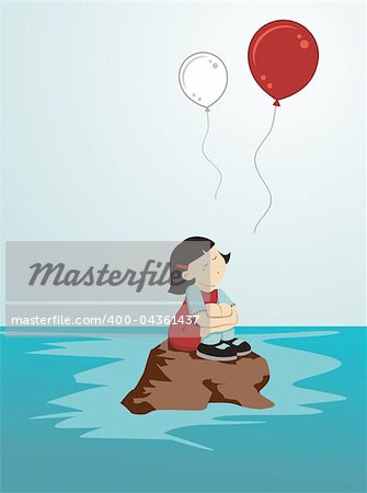 Girl crying sitting on a rock while loose balloons in the colors of Japan