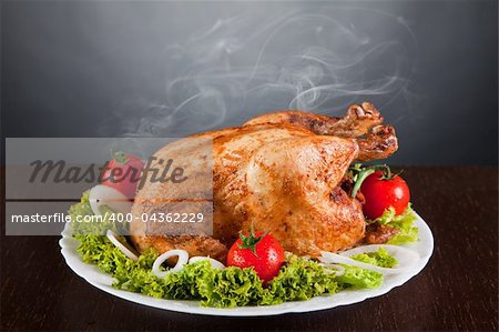 Delicious roast chicken with red tomatoes and green salad, studio shot