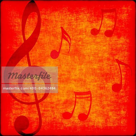 music notes on bright orange red grunge background