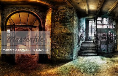 panorama of a hallway in an abandoned complex, hdr processing