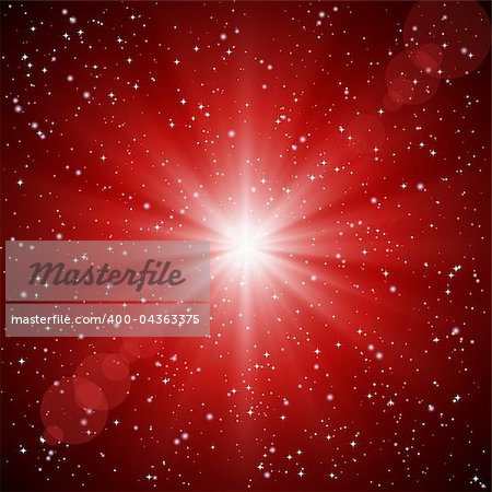 Abstract red background of luminous rays and stars.