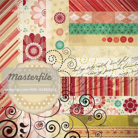 Scrap background made in the classic patchwork technique with floral stamps and handwriting text.