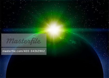 Planet earth with shiny sunrise in black space