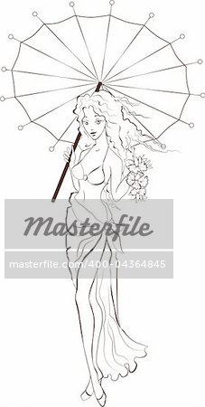 Silhouette of a girl who holds a flowers and umbrella
