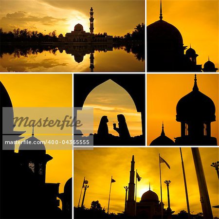 Collage photo of mosques silhouette during sunset