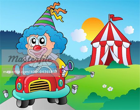 Cartoon clown in car near tent - vector illustration.