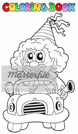 Coloring book with clown in car - vector illustration.