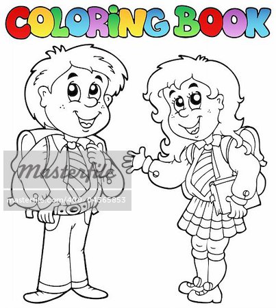 Coloring book with two students - vector illustration.
