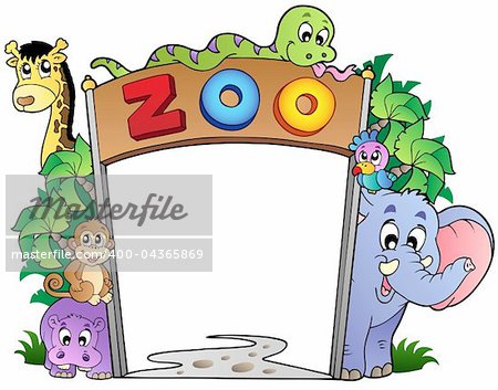 Zoo entrance with various animals - vector illustration.