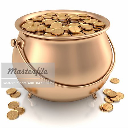 Golden pot full of gold coins with dollar sign.