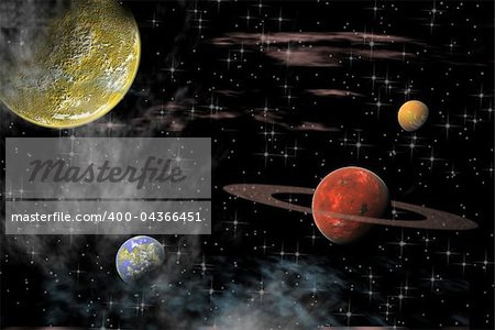 Views of the universe with several planets on a background of stars