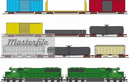 Assorted common North American freight cars and two diesel engines. Cars and engines can be copied and pasted to form a large train.