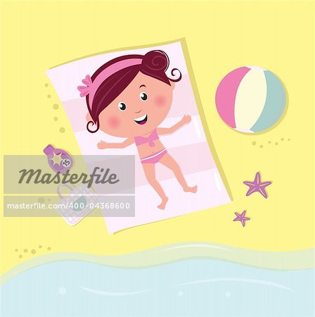 Brown - hair romance girl taking sun bath. Vector Illustration.