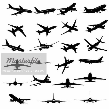 Big collection of different airplane silhouettes.