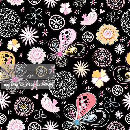 seamless floral pattern with bright pink birds on a black background
