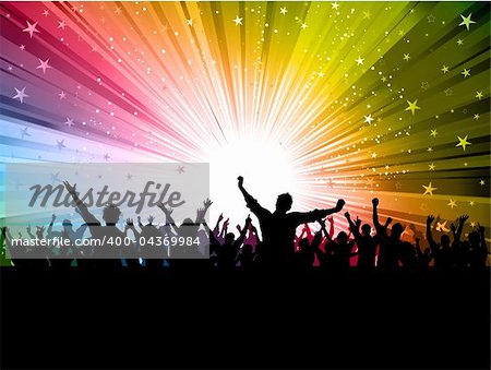 Silhouette of a party crowd on a colourful starburst background