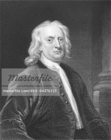Isaac Newton (1643-1727) on engraving from the 1800s. One of the most influential scientists in history. Engraved by E. Scriven and published in London by Charles Knight, Pall Mall East.