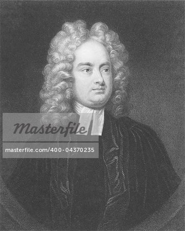 Jonathan Swift (1667-1745) on engraving from the 1800s. Irish satirist, essayist, political pamphleteer, poet and cleric. Engraved by B. Hall and published in London by Charles Knight, Ludgate Street.