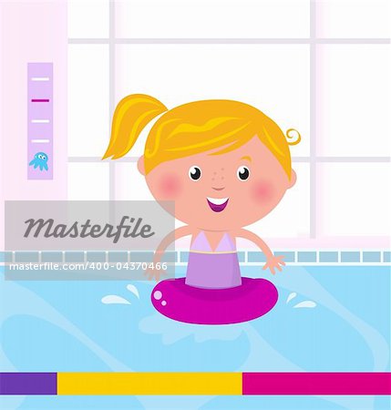 Cute child in swimming pool. Vector Illustration.